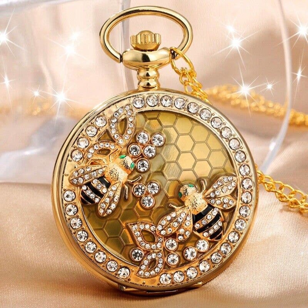 Honey Bee NEW Pocket Watch Gold Tone Jewel Encrusted Bee Honeybee Gift